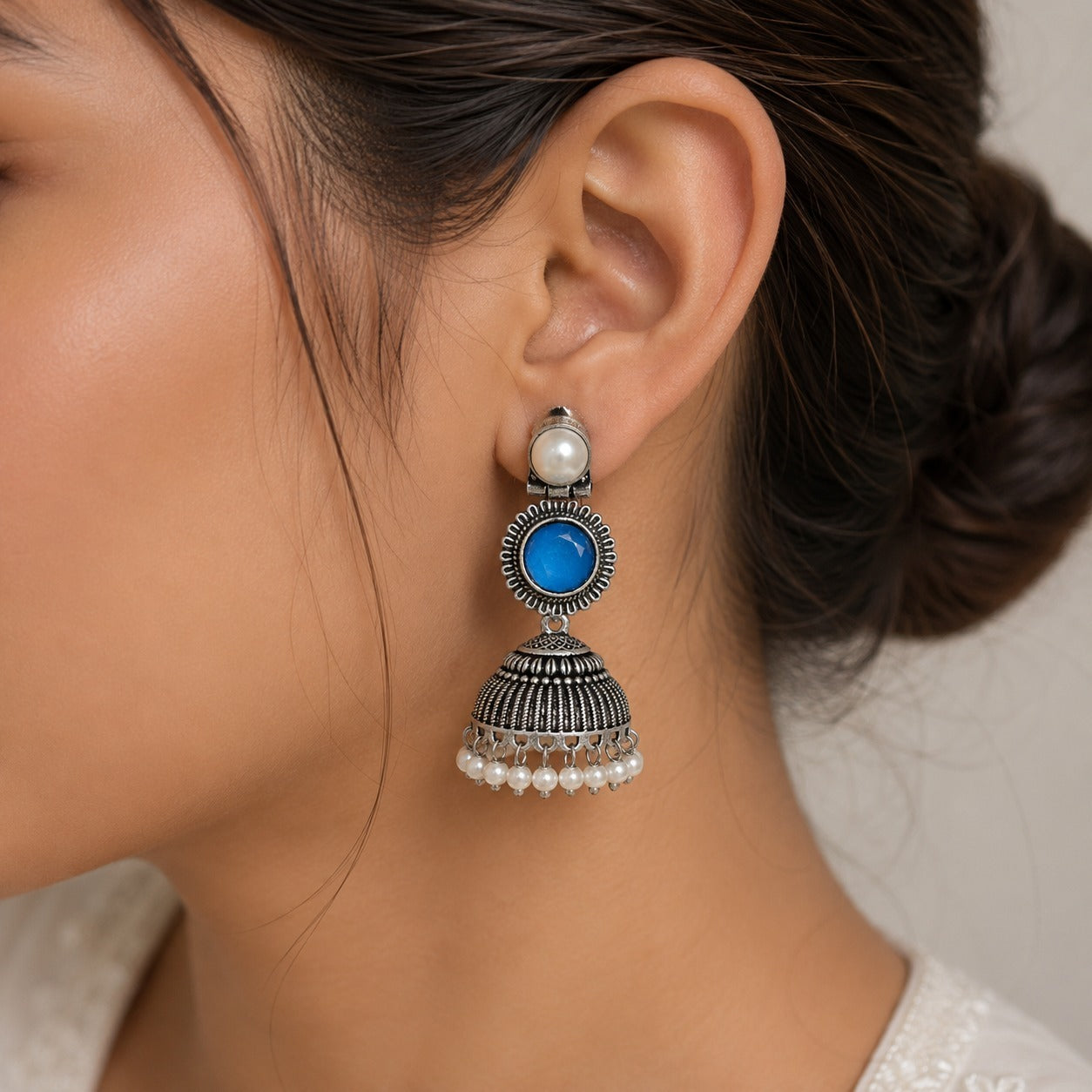 OXIDISED BLUE STONE JHUMKAS