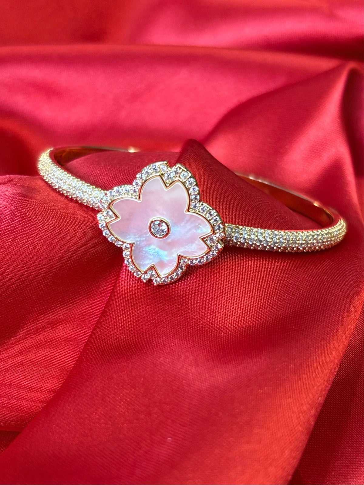 Gold Tone Mother Of Pearl Clover Pave Bangle