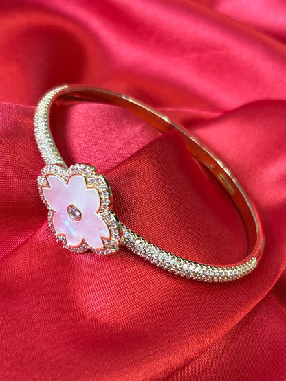 Gold Tone Mother Of Pearl Clover Pave Bangle