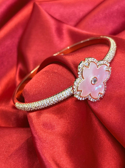 Gold Tone Mother Of Pearl Clover Pave Bangle
