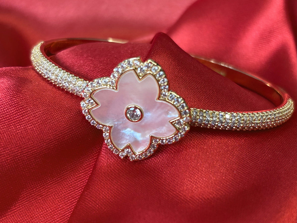 Gold Tone Mother Of Pearl Clover Pave Bangle