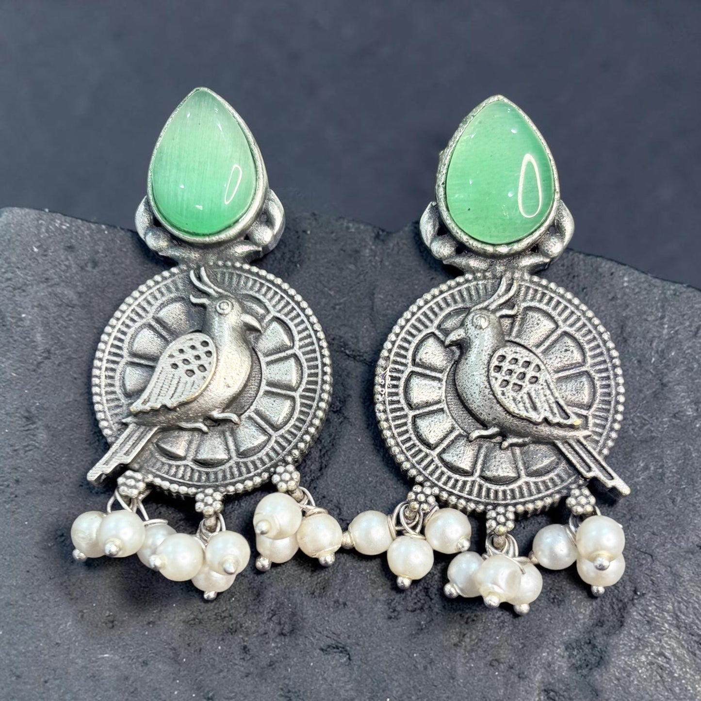 Oxidised Bird Pearl Drop Earrings