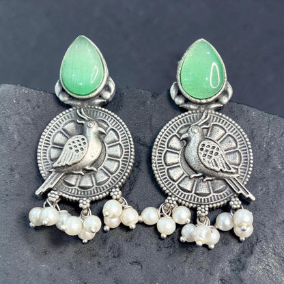 Oxidised Bird Pearl Drop Earrings