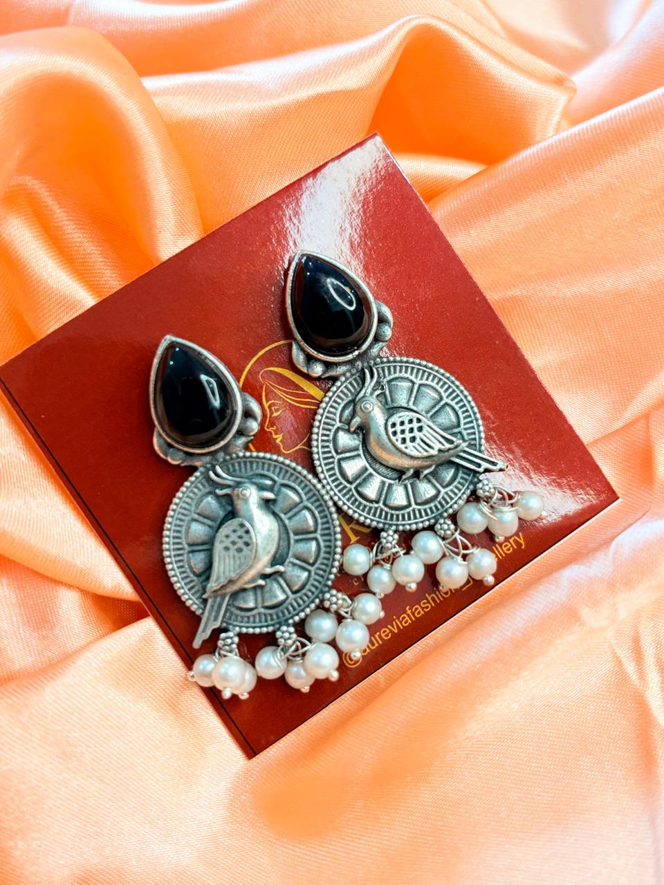 Oxidised Bird Pearl Drop Earrings
