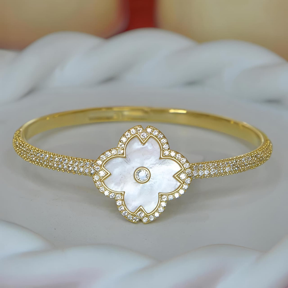 Gold Tone Mother Of Pearl Clover Pave Bangle