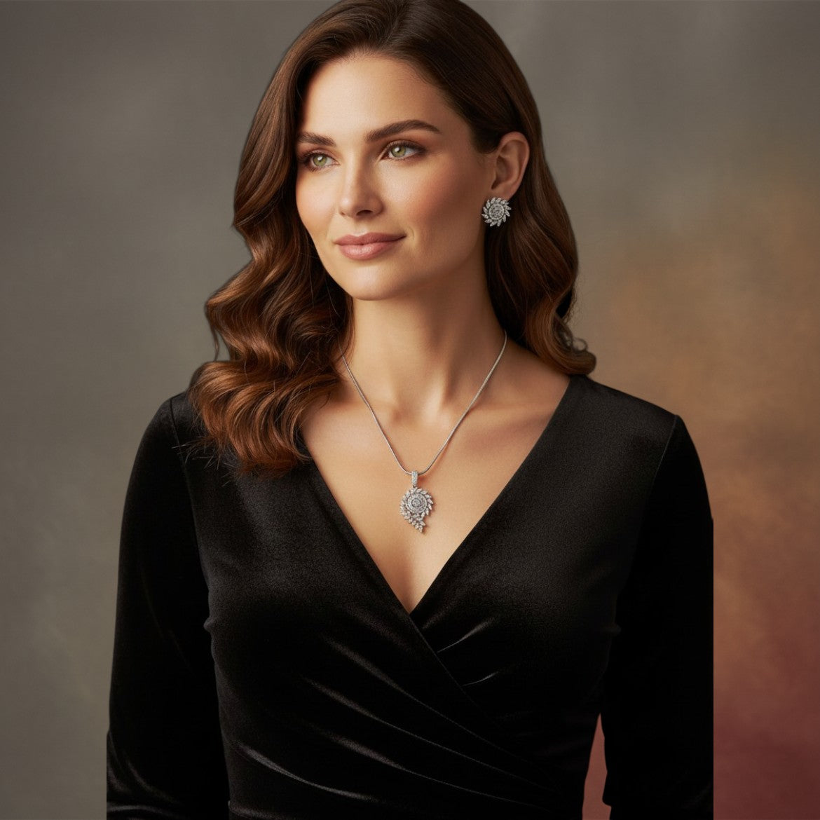 Aurevia Fashion Jewellery crystal vine pendant necklace and matching stud earrings worn by a woman in a black dress.