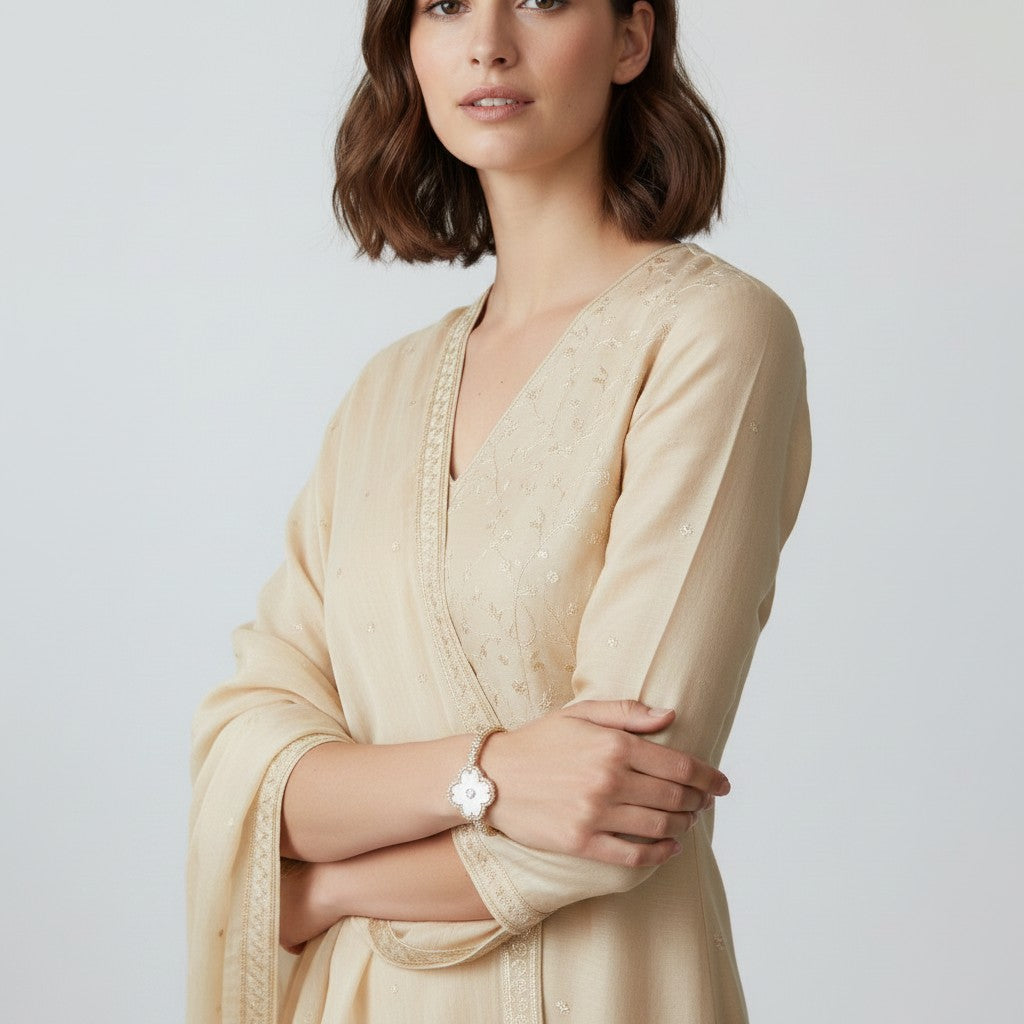 Aurevia Fashion Jewellery gold tone bangle with a mother of pearl clover motif and pave stones worn by a woman