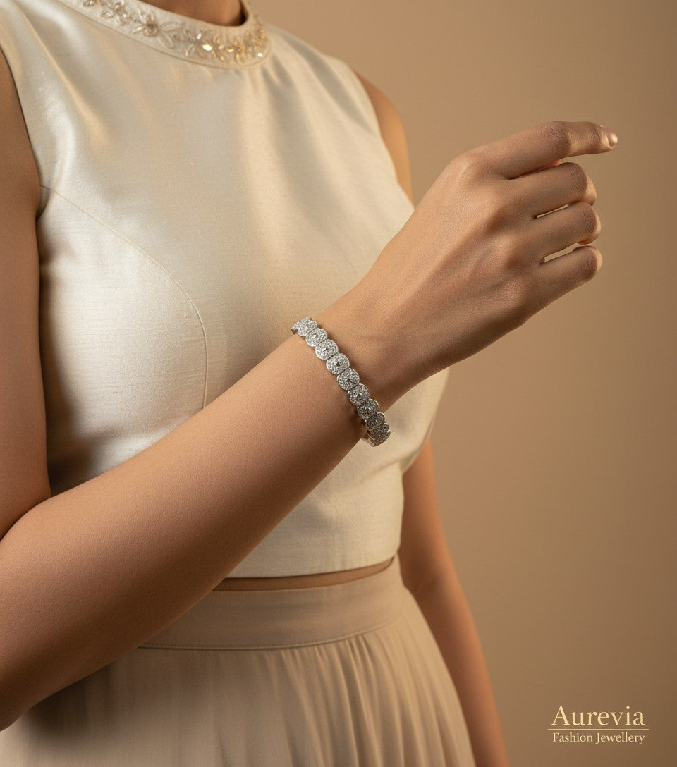Aurevia Fashion Jewellery Divinely Dazzling Halo Bangle in polished stainless steel with sparkling cubic zirconia