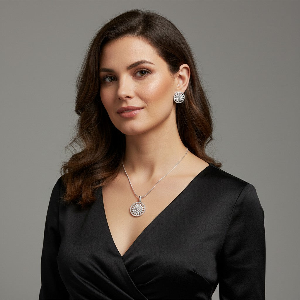 Aurevia Fashion Jewellery halo pendant necklace and matching stud earrings worn by a woman in a black dress