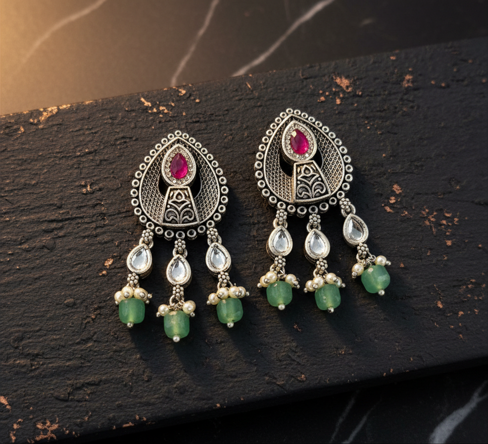 Aurevia Fashion Jewellery Jhansi Aura oxidized silver earrings with pink stones, white kundan, and green bead dangles.
