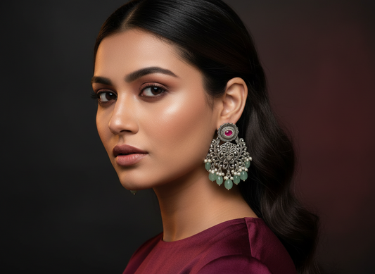 Aurevia Fashion Jewellery Jhansi Grace oxidized silver chandelier earrings with pink stone and green bead accents.