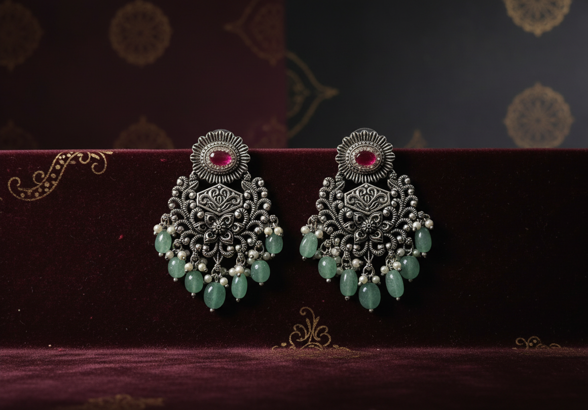 Aurevia Fashion Jewellery Jhansi Grace oxidized silver earrings with pink stones, green beads, and pearl accents.