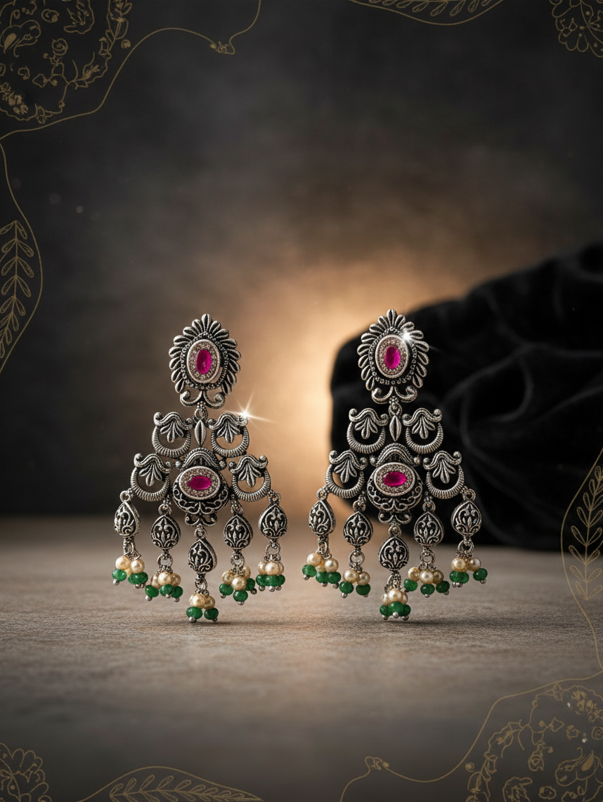 Aurevia Fashion Jewellery Jhansi Heritage oxidized silver earrings with pink stones, pearls, and green bead accents.