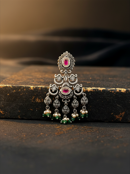 Aurevia Fashion Jewellery Jhansi Heritage silver earring with pink stones, pearl beads, and green accents.