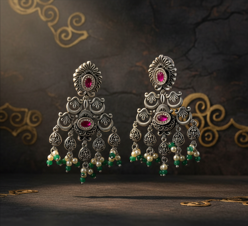 Aurevia Fashion Jewellery Jhansi Heritage silver chandelier earrings with pink stones, pearls, and green beads.