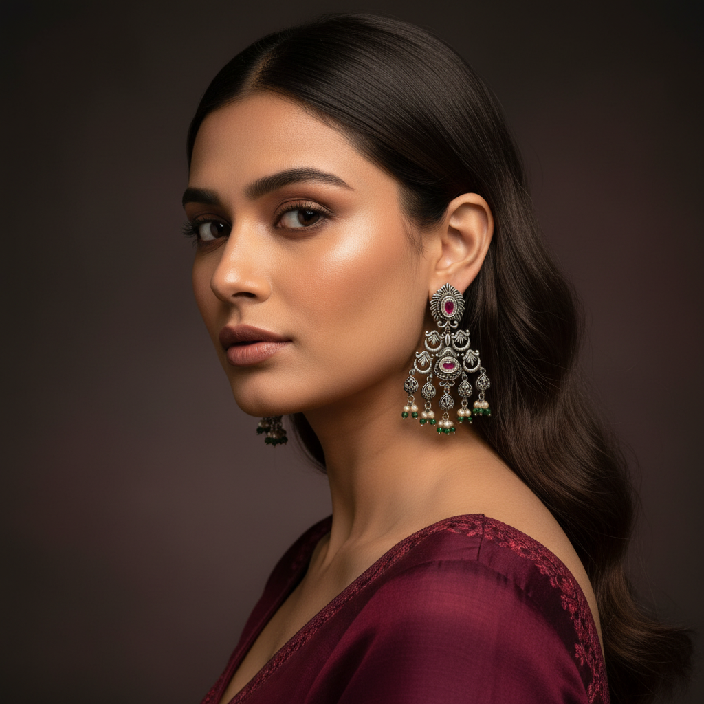 Aurevia Fashion Jewellery Jhansi Heritage silver chandelier earrings with pink stones and green beads on a model