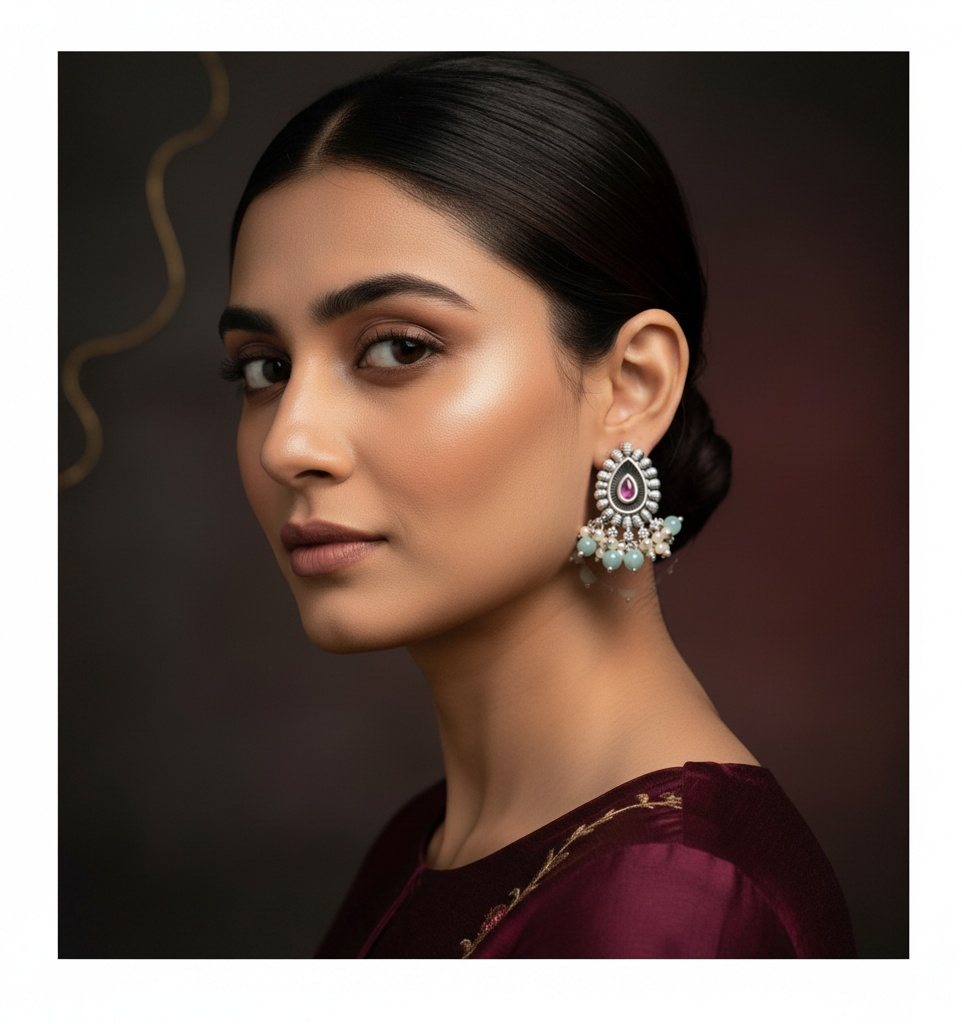 Aurevia Fashion Jewellery Jhansi Majesty silver drop earrings with a pink stone and green beads worn by a woman