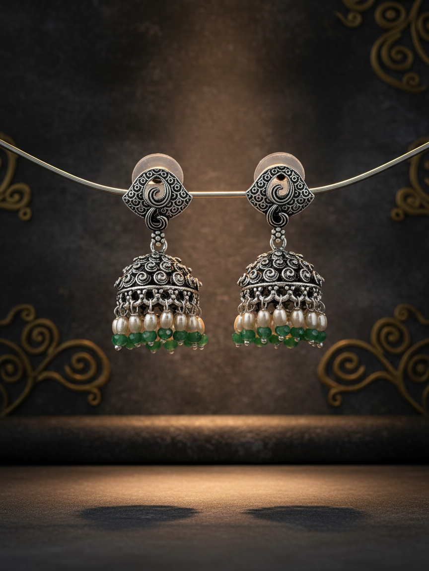 Aurevia Fashion Jewellery Jhansi Noor silver jhumka earrings with white pearls and green bead accents