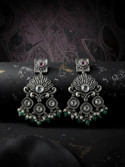 Aurevia Fashion Jewellery Jhansi Regal oxidized silver chandelier earrings with pink stones, white pearls, and green beads