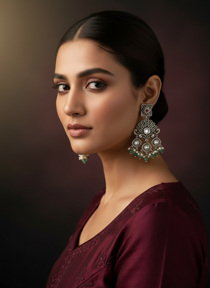 Aurevia Fashion Jewellery Jhansi Regal silver statement earrings with kundan stones and green beaded drops on a model