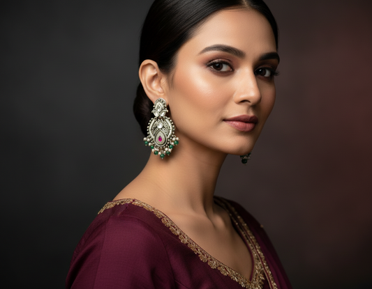 Aurevia Fashion Jewellery Jhansi Royale silver-toned drop earrings with pink stone and green beads on a model