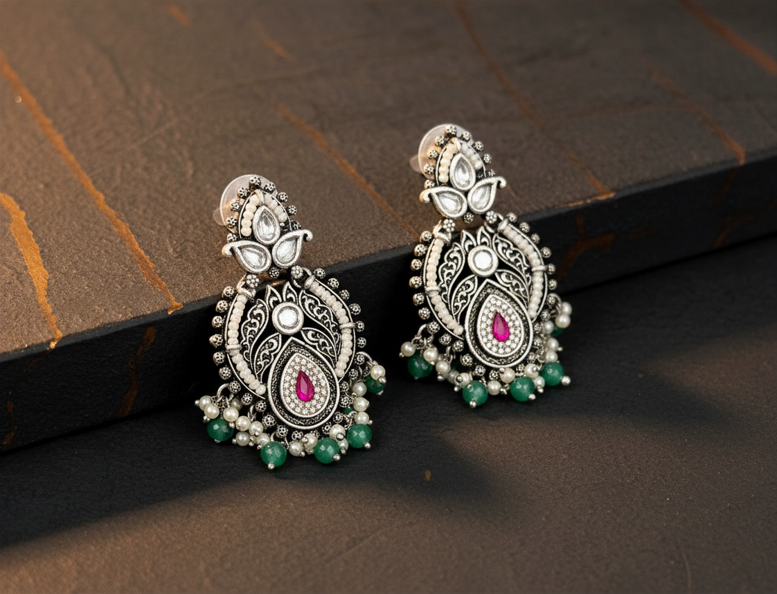Aurevia Fashion Jewellery Jhansi Royale silver-toned drop earrings with pink stones, white pearls, and green beads.