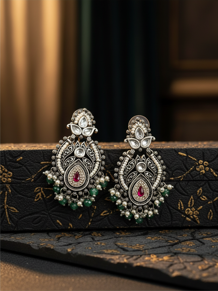 Aurevia Fashion Jewellery Jhansi Royale silver-toned ethnic earrings with red stone, pearls, and green bead accents.