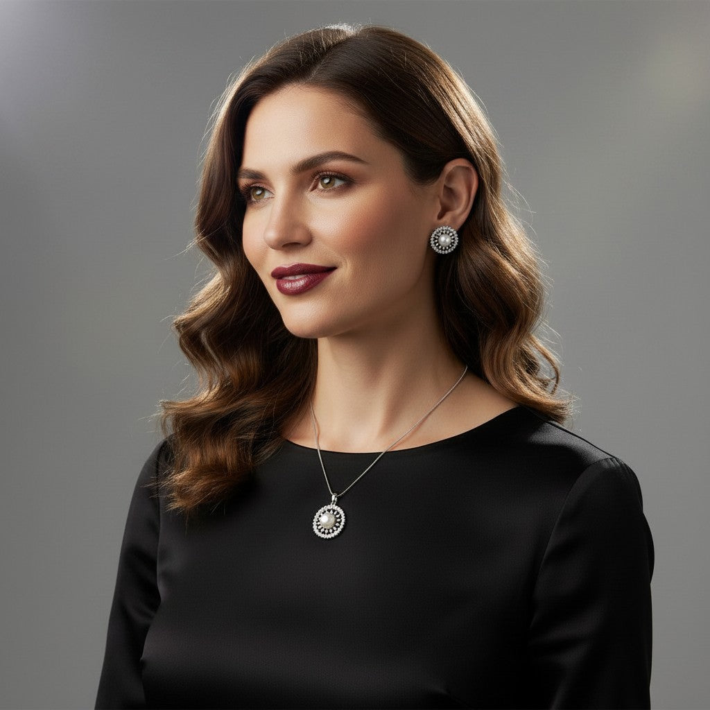 Aurevia Fashion Jewellery moon halo pendant necklace and matching stud earrings set on a woman in a black dress.