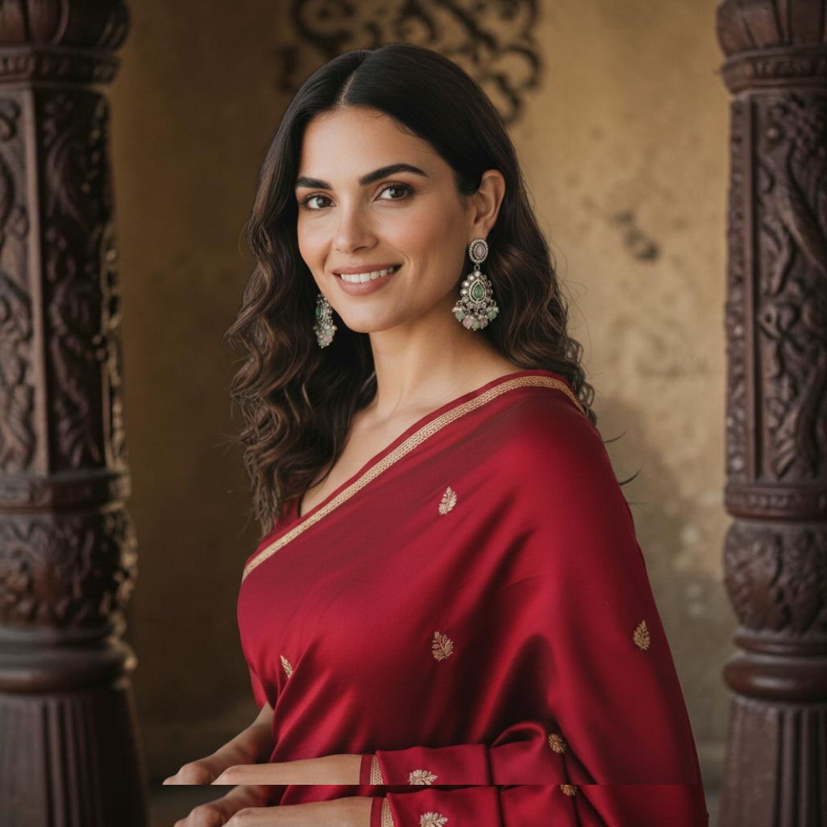 Aurevia Fashion Jewellery multi-color kundan drop earrings worn by a woman in a red saree with traditional decor