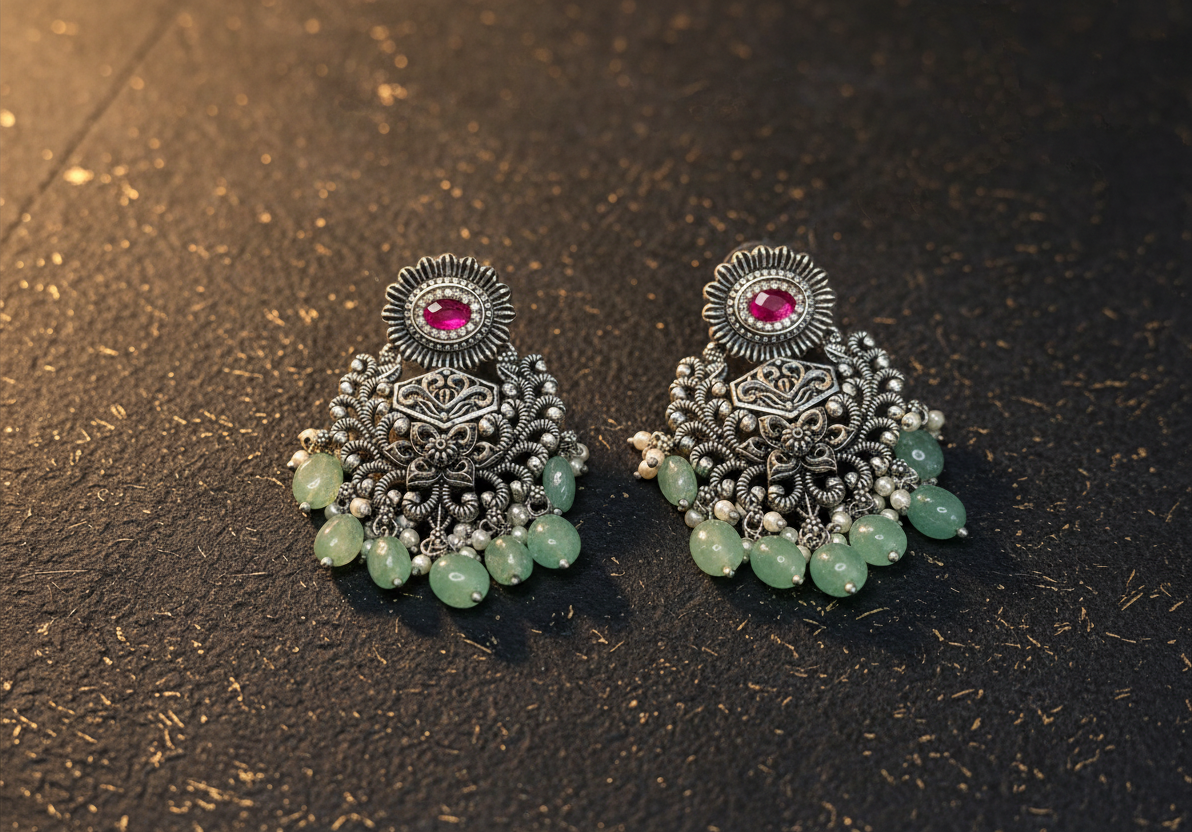 Aurevia Fashion Jewellery Jhansi Grace oxidized silver earrings with pink stones, green beads, and pearl accents.