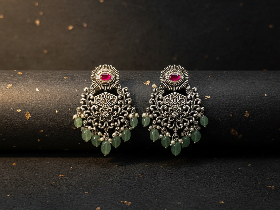 Aurevia Fashion Jewellery Jhansi Grace oxidized silver earrings with pink stones and dangling green bead accents.