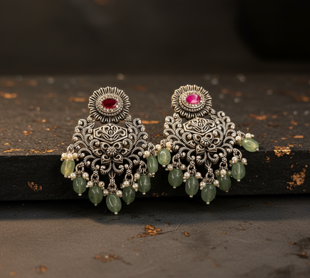 Aurevia Fashion Jewellery Jhansi Grace oxidized silver earrings with red stones, green beads, and pearl accents.