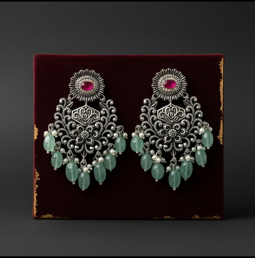 Aurevia Fashion Jewellery Jhansi Grace oxidized silver chandelier earrings with pink stones and green bead drops.